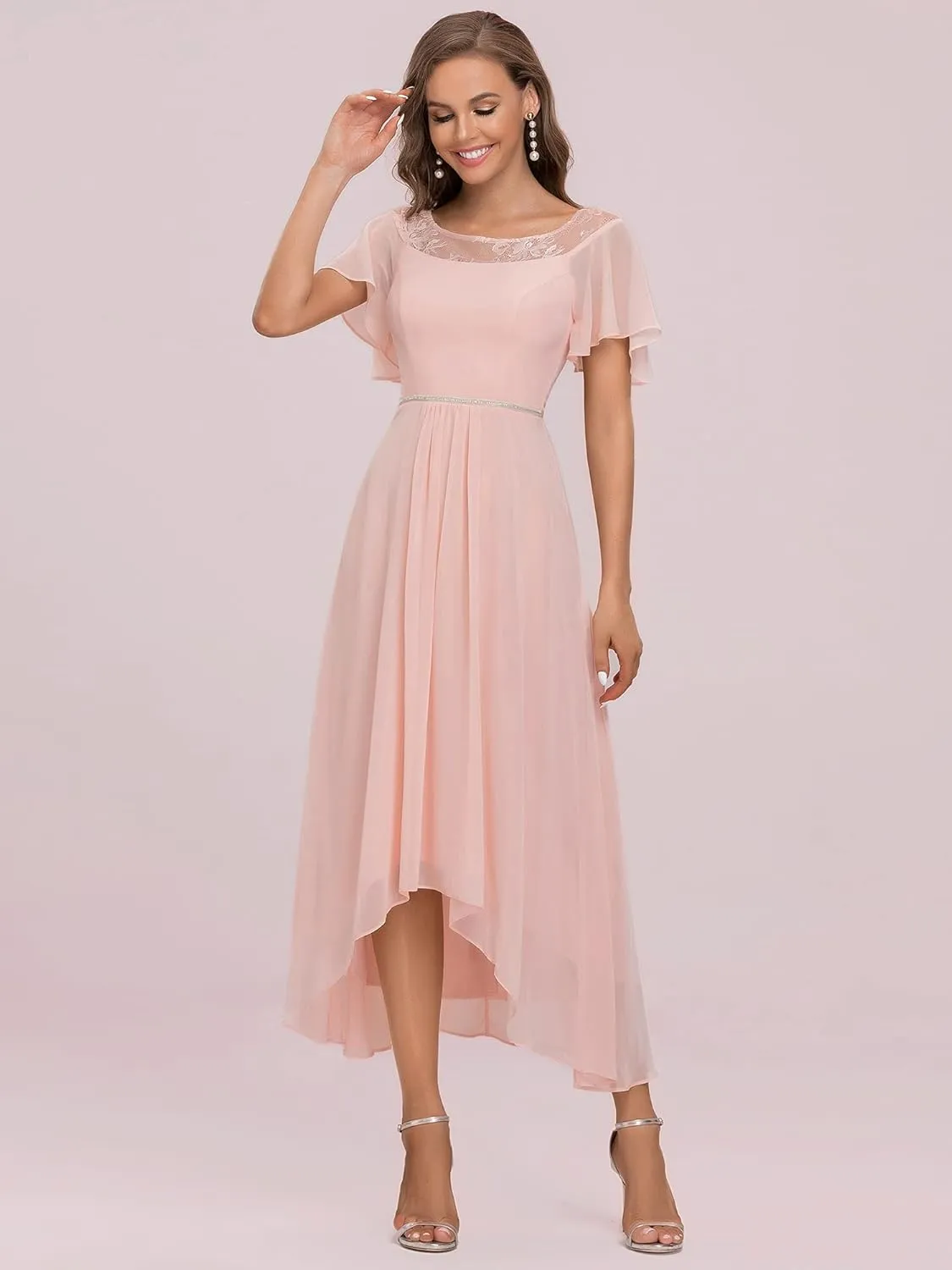 Ever-Pretty Women's Ruffles Sleeve Bridesmaid Dress High Low Beaded Chiffon Midi Mother of The Bride Dresses 00465