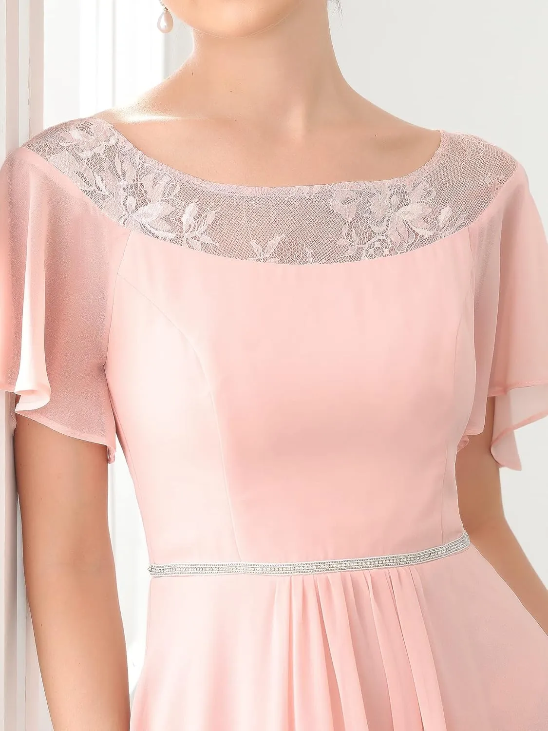 Ever-Pretty Women's Ruffles Sleeve Bridesmaid Dress High Low Beaded Chiffon Midi Mother of The Bride Dresses 00465