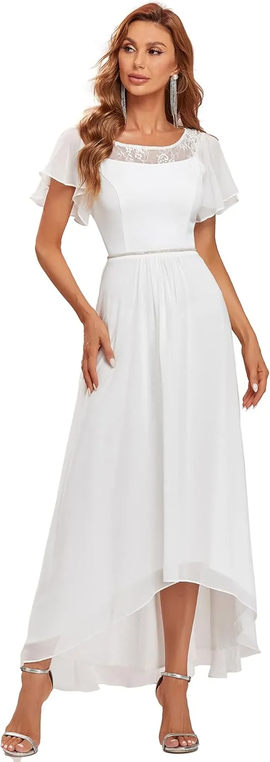 Ever-Pretty Women's Ruffles Sleeve Bridesmaid Dress High Low Beaded Chiffon Midi Mother of The Bride Dresses 00465
