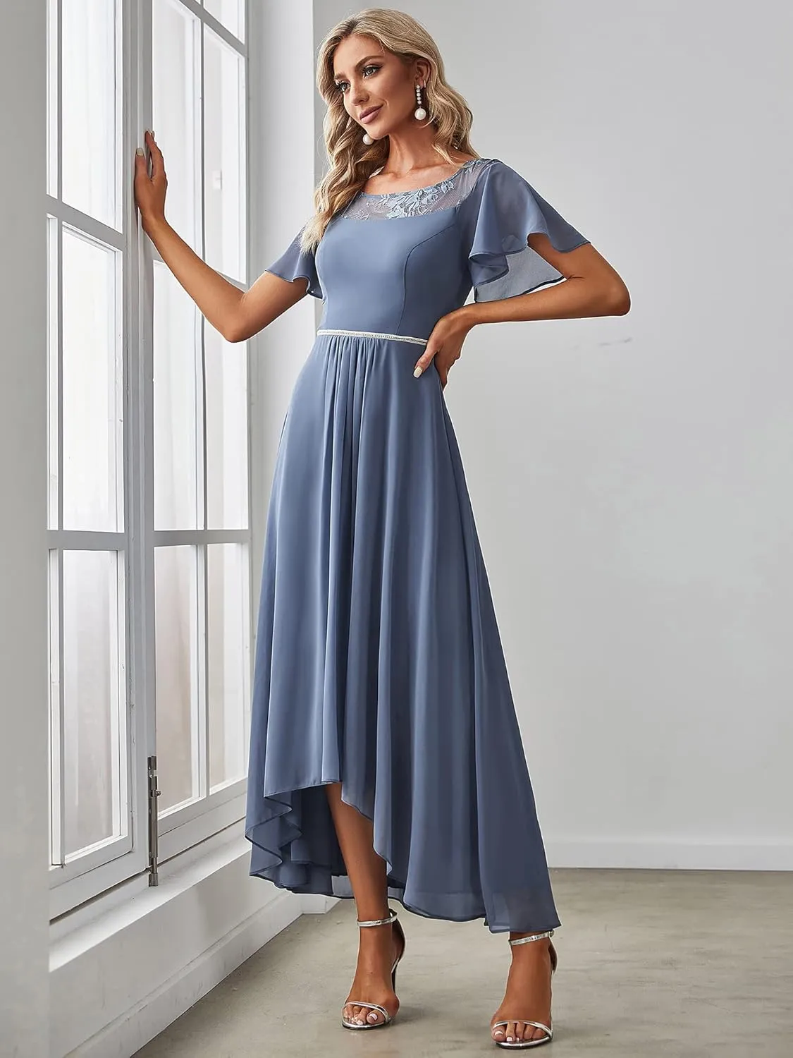 Ever-Pretty Women's Ruffles Sleeve Bridesmaid Dress High Low Beaded Chiffon Midi Mother of The Bride Dresses 00465