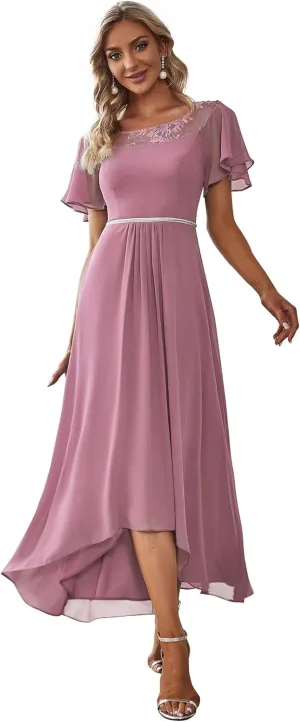 Ever-Pretty Women's Ruffles Sleeve Bridesmaid Dress High Low Beaded Chiffon Midi Mother of The Bride Dresses 00465