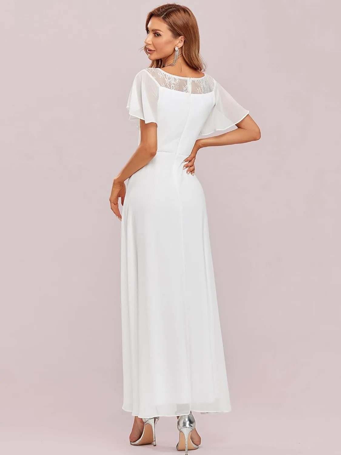 Ever-Pretty Women's Ruffles Sleeve Bridesmaid Dress High Low Beaded Chiffon Midi Mother of The Bride Dresses 00465