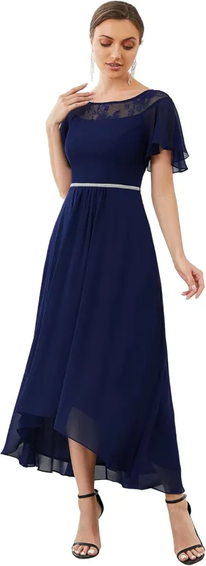 Ever-Pretty Women's Ruffles Sleeve Bridesmaid Dress High Low Beaded Chiffon Midi Mother of The Bride Dresses 00465