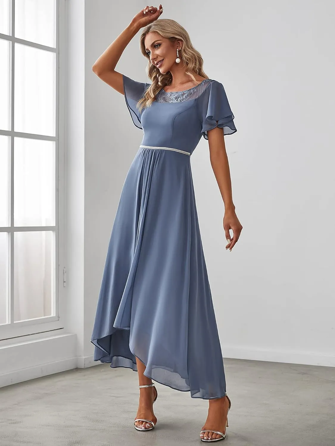 Ever-Pretty Women's Ruffles Sleeve Bridesmaid Dress High Low Beaded Chiffon Midi Mother of The Bride Dresses 00465