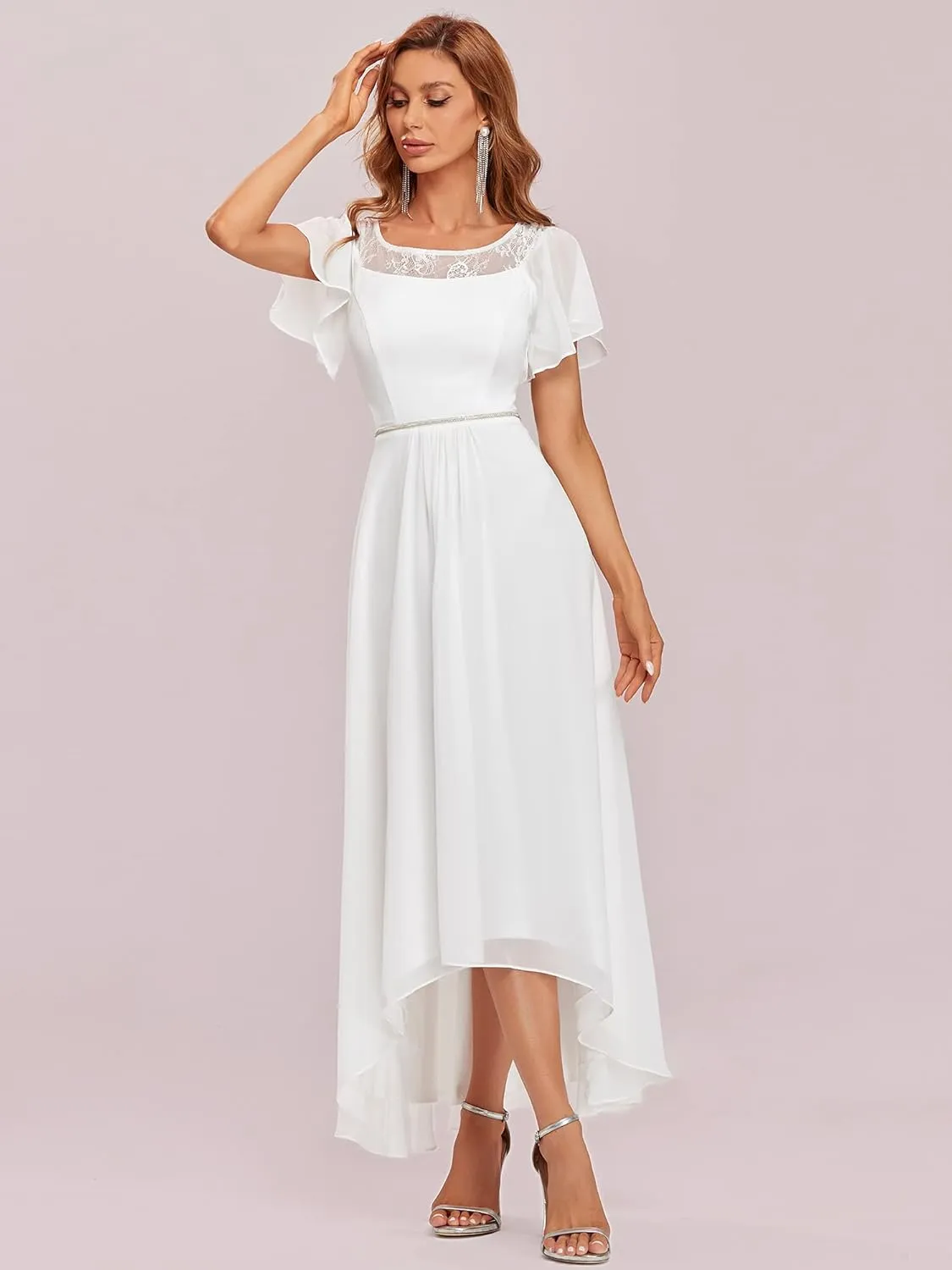 Ever-Pretty Women's Ruffles Sleeve Bridesmaid Dress High Low Beaded Chiffon Midi Mother of The Bride Dresses 00465