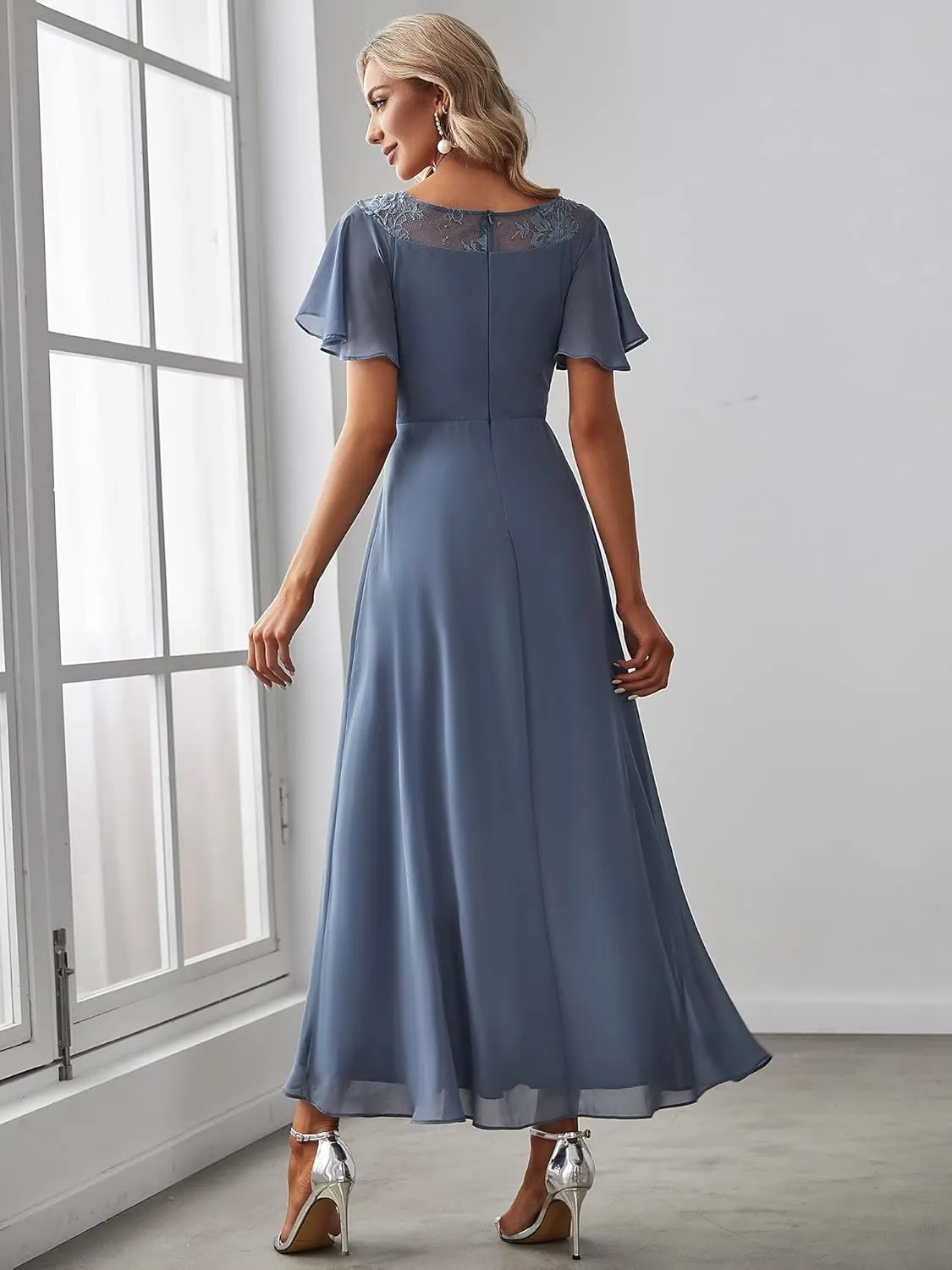 Ever-Pretty Women's Ruffles Sleeve Bridesmaid Dress High Low Beaded Chiffon Midi Mother of The Bride Dresses 00465