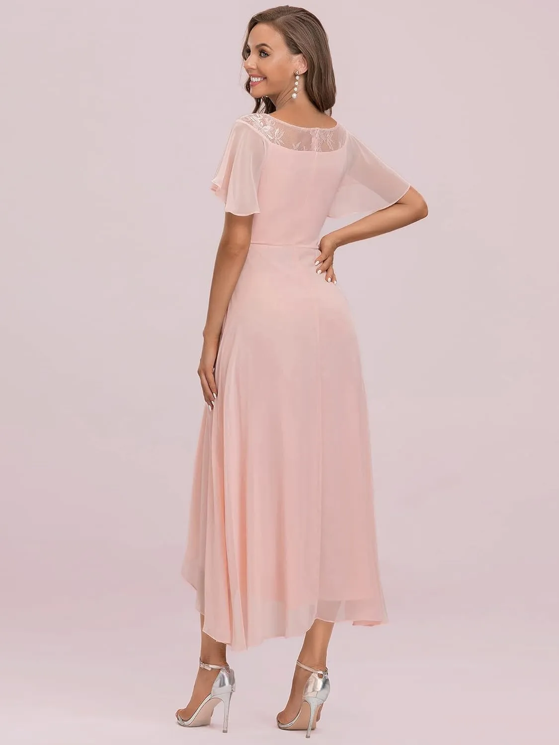 Ever-Pretty Women's Ruffles Sleeve Bridesmaid Dress High Low Beaded Chiffon Midi Mother of The Bride Dresses 00465