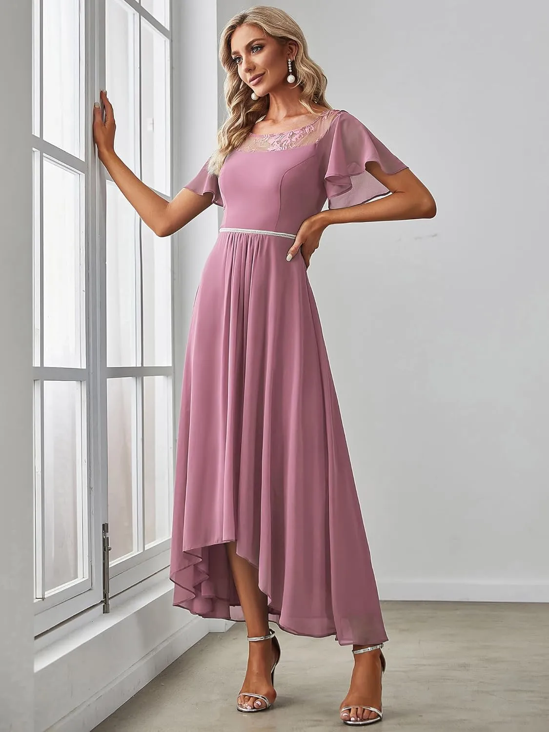 Ever-Pretty Women's Ruffles Sleeve Bridesmaid Dress High Low Beaded Chiffon Midi Mother of The Bride Dresses 00465