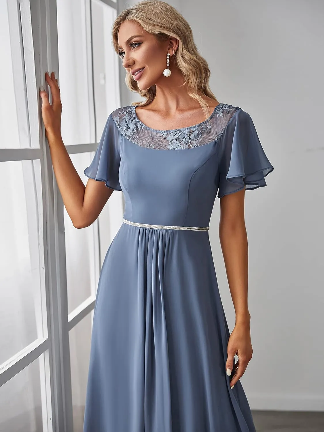 Ever-Pretty Women's Ruffles Sleeve Bridesmaid Dress High Low Beaded Chiffon Midi Mother of The Bride Dresses 00465