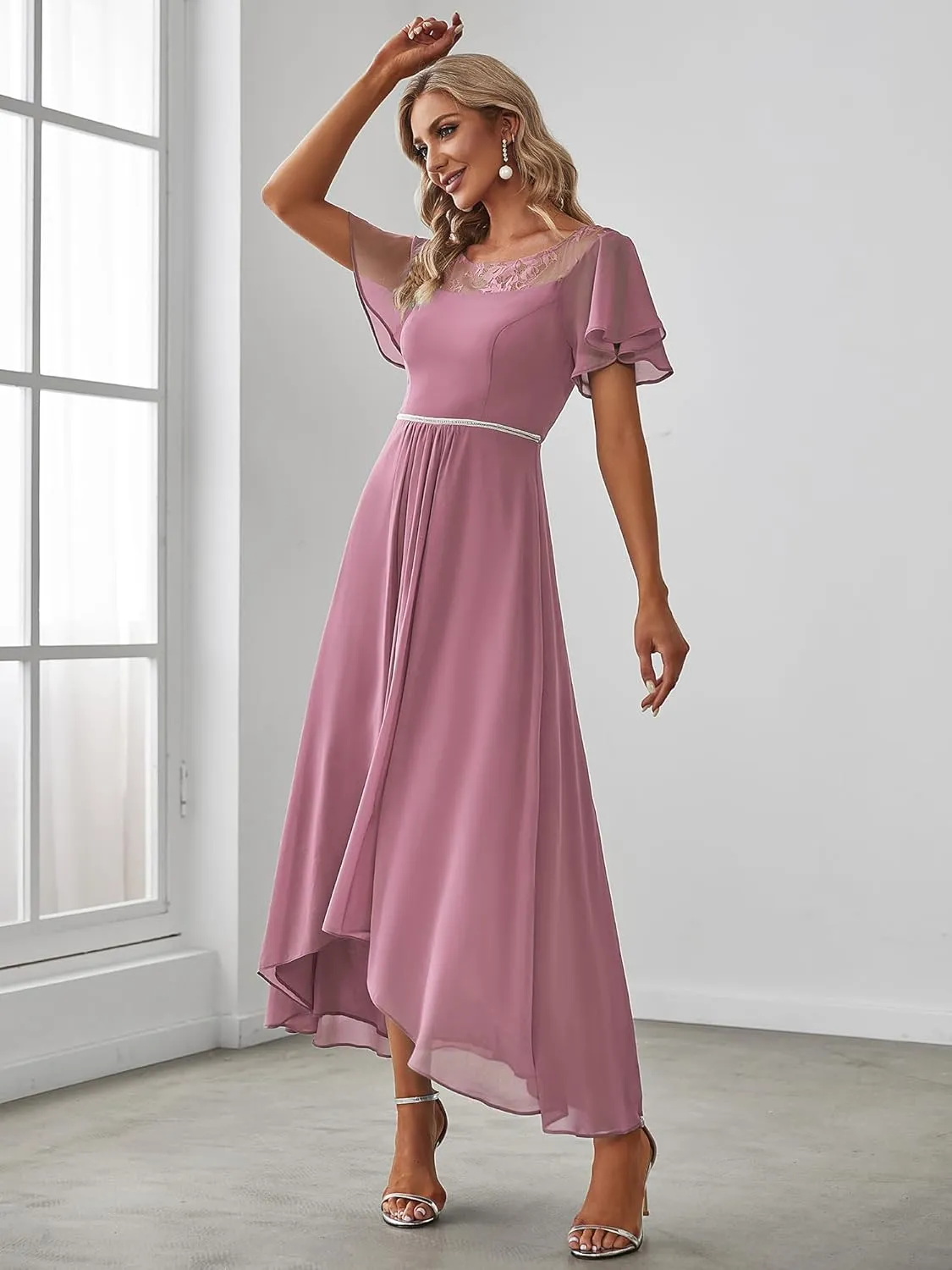 Ever-Pretty Women's Ruffles Sleeve Bridesmaid Dress High Low Beaded Chiffon Midi Mother of The Bride Dresses 00465