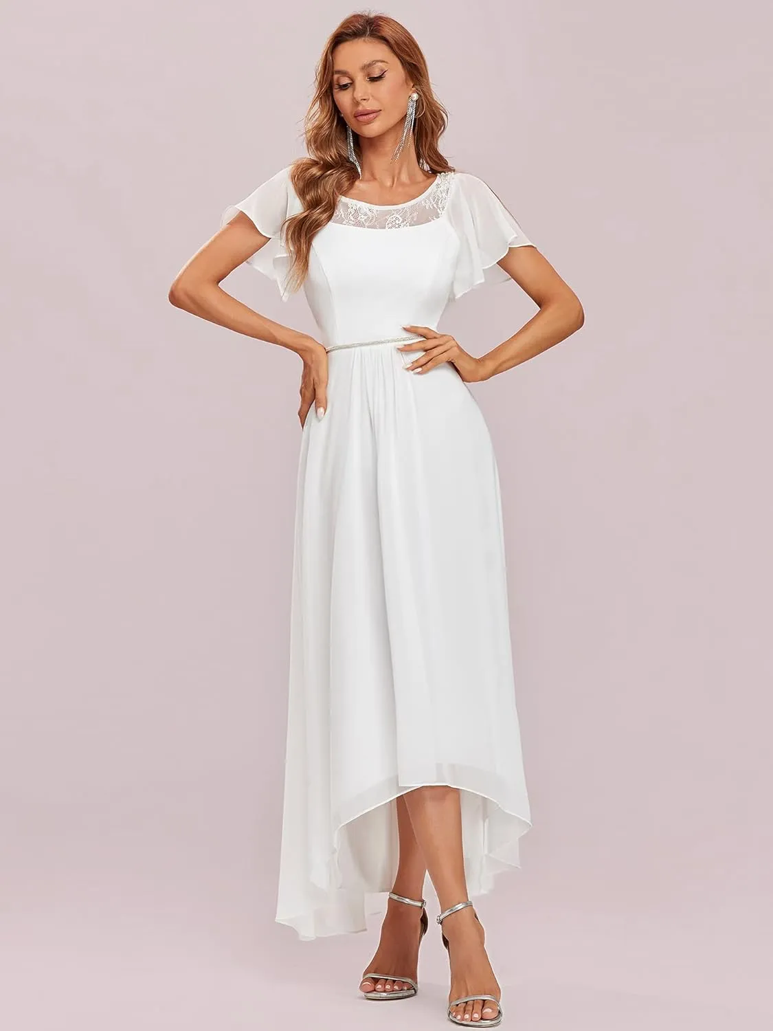 Ever-Pretty Women's Ruffles Sleeve Bridesmaid Dress High Low Beaded Chiffon Midi Mother of The Bride Dresses 00465