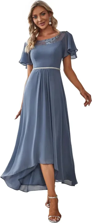 Ever-Pretty Women's Ruffles Sleeve Bridesmaid Dress High Low Beaded Chiffon Midi Mother of The Bride Dresses 00465