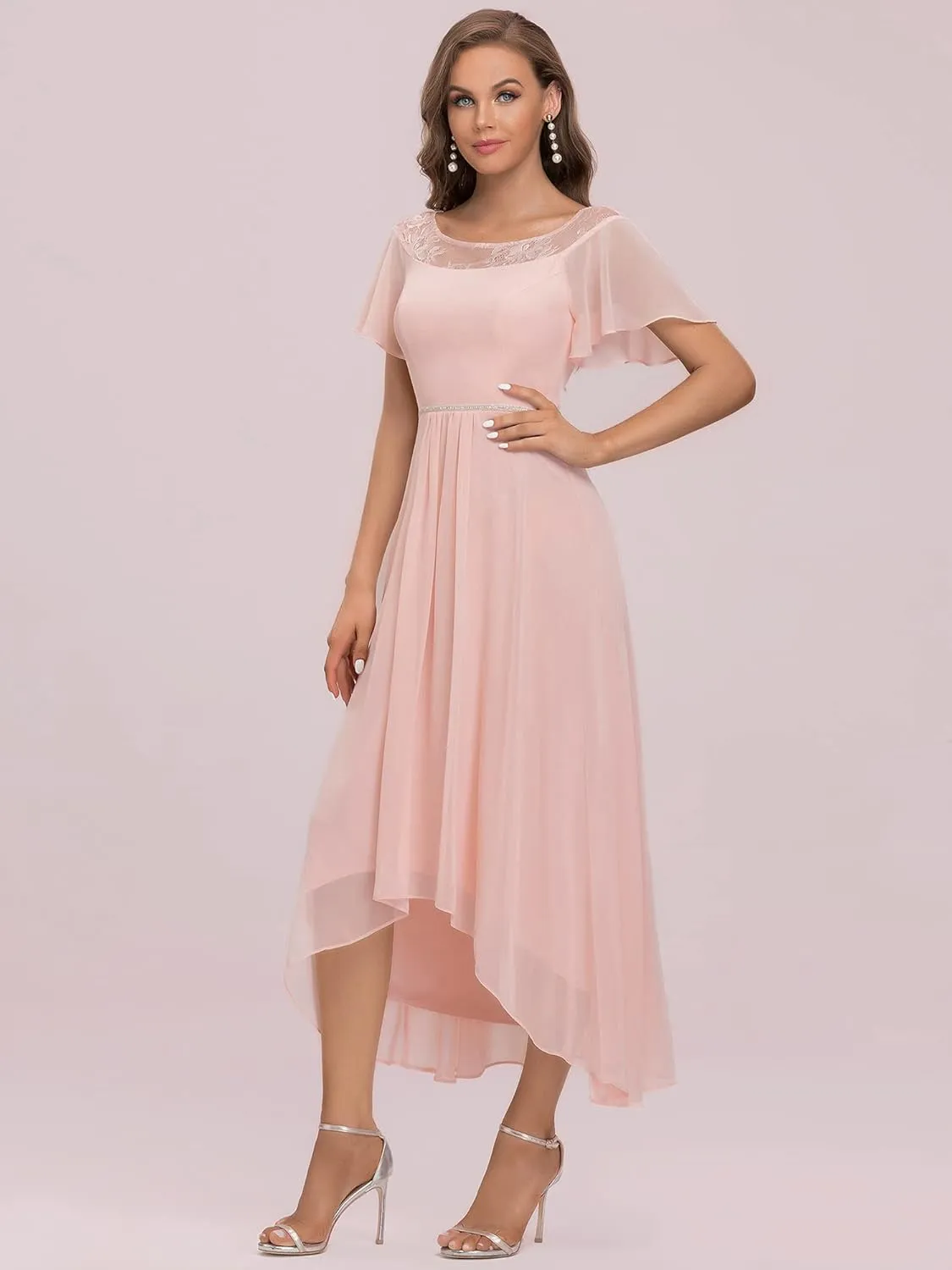 Ever-Pretty Women's Ruffles Sleeve Bridesmaid Dress High Low Beaded Chiffon Midi Mother of The Bride Dresses 00465