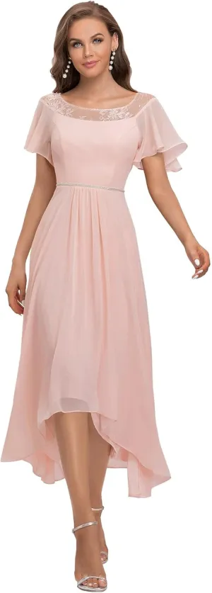 Ever-Pretty Women's Ruffles Sleeve Bridesmaid Dress High Low Beaded Chiffon Midi Mother of The Bride Dresses 00465
