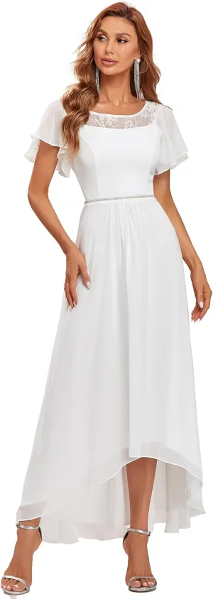Ever-Pretty Women's Ruffles Sleeve Bridesmaid Dress High Low Beaded Chiffon Midi Mother of The Bride Dresses 00465