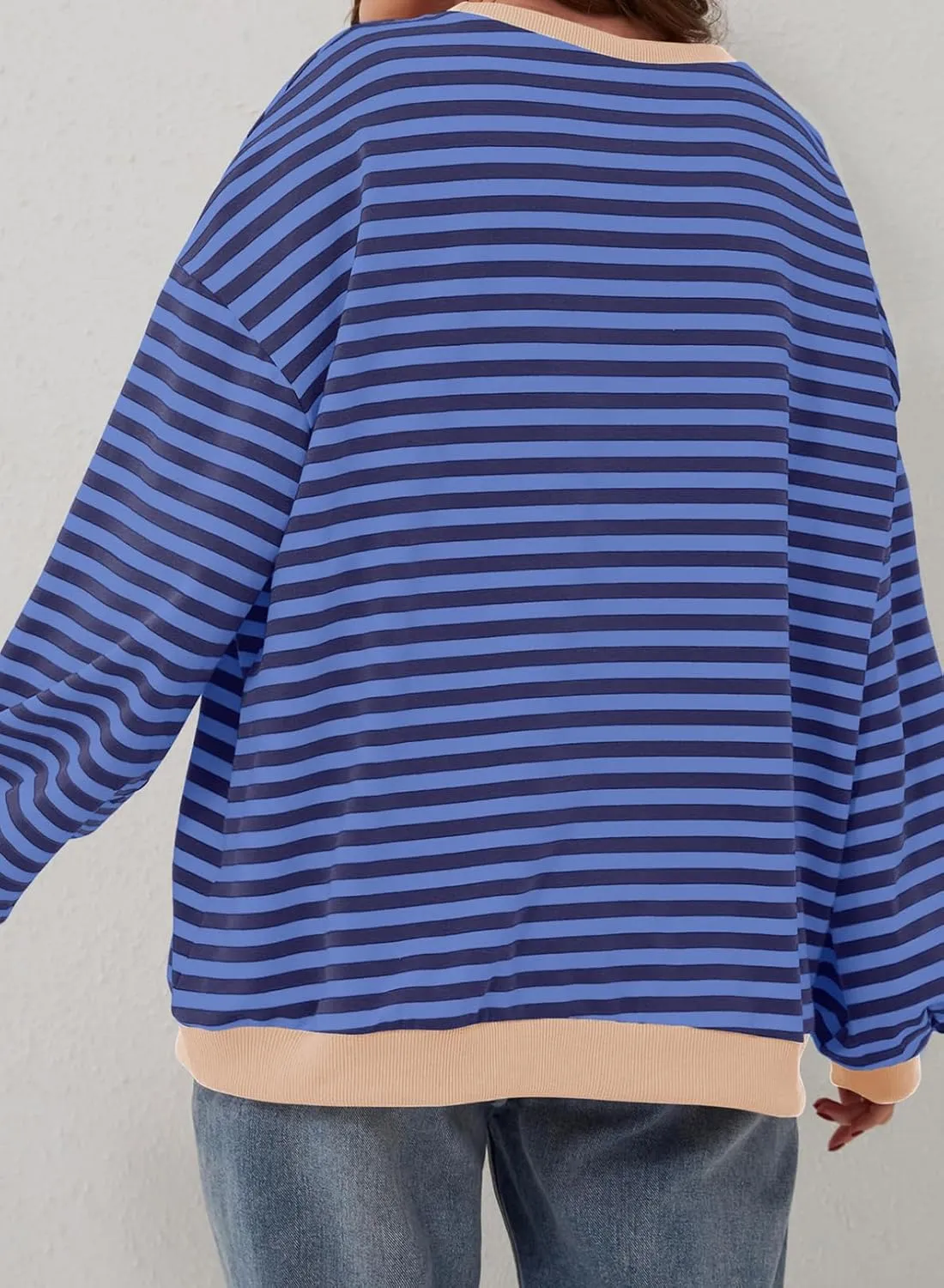 Eytino Women Plus Size Sweatshirt Striped Color Block Crew Neck Pullover Tops Long Sleeve Casual Shirt(1X-5X)