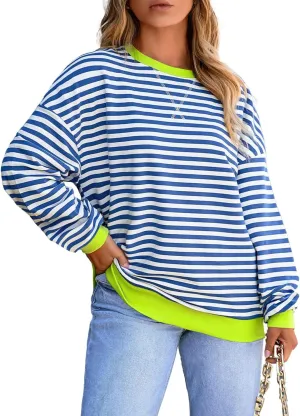 Eytino Women Plus Size Sweatshirt Striped Color Block Crew Neck Pullover Tops Long Sleeve Casual Shirt(1X-5X)