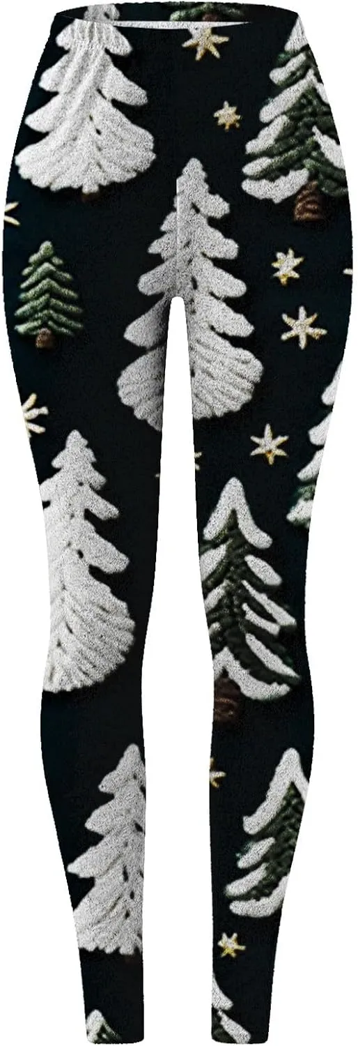 Fashion Xmas Graphic Print Leggings Fleece Lined Leggings for Women Thermal Pants High Waist Stretchy Warm