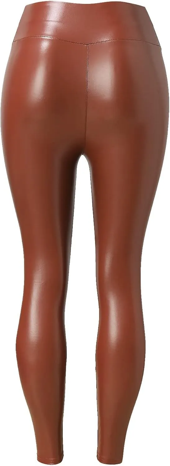 Faux Leather Fleece Lined Leggings for Women Plus Size, Faux Leather Pants Women Warm High Waist Trousers Workout Leggings