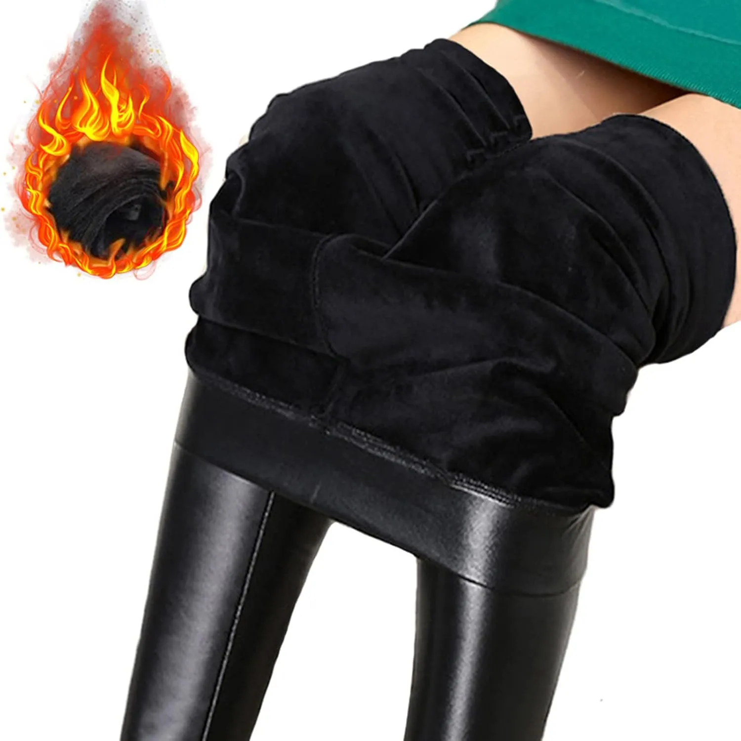 Faux Leather Fleece Lined Leggings for Women Plus Size, Faux Leather Pants Women Warm High Waist Trousers Workout Leggings