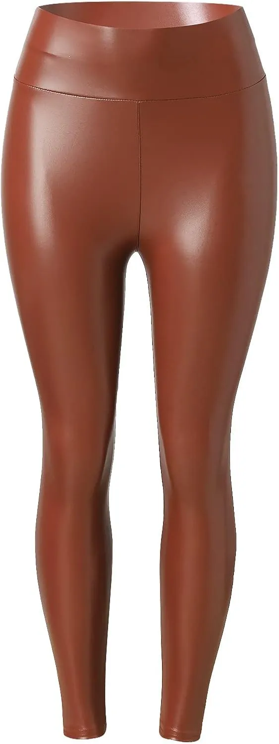 Faux Leather Fleece Lined Leggings for Women Plus Size, Faux Leather Pants Women Warm High Waist Trousers Workout Leggings