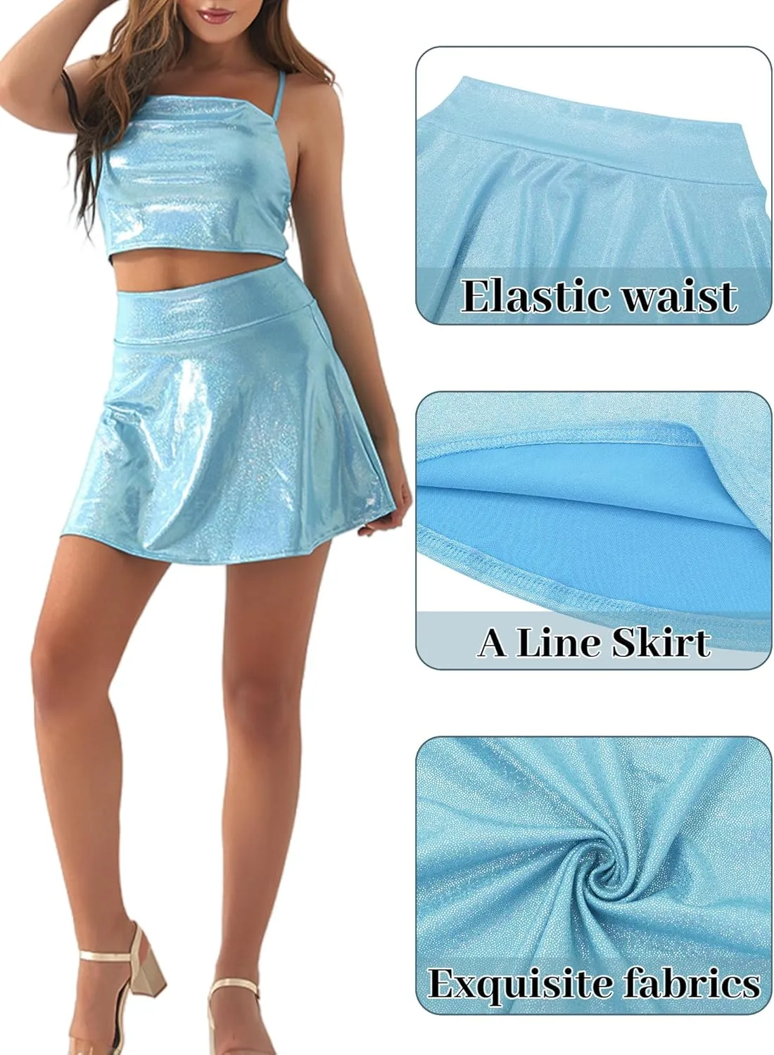 FEOYA Women's Shiny Metallic Wet Look Skirt Stretchy High Waist Flared Pleated Mini Skater Skirts Solid Athletic Skorts