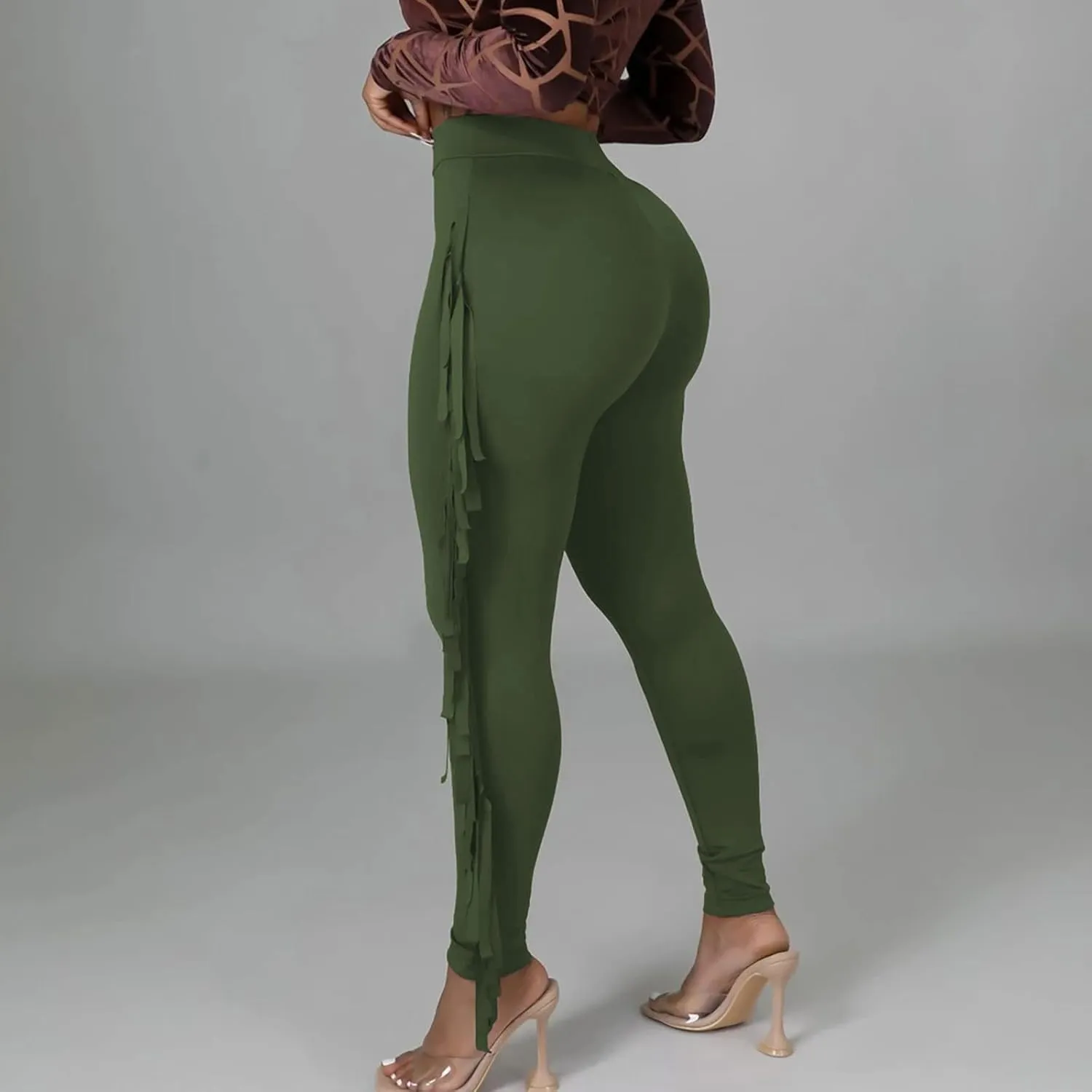 Firzero Women's Fringe Pants Casual High Waist Bodycon Side Tassel Pants Sexy Yoga Pants Long Lounge Jogger