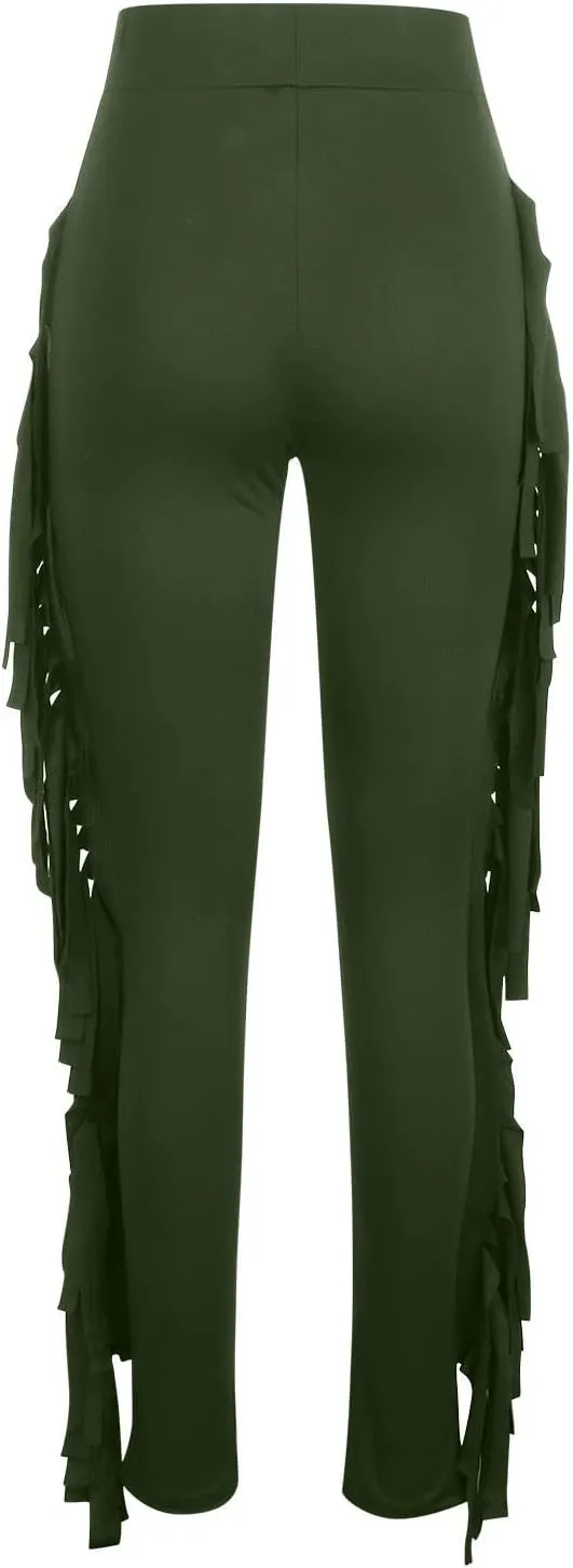 Firzero Women's Fringe Pants Casual High Waist Bodycon Side Tassel Pants Sexy Yoga Pants Long Lounge Jogger