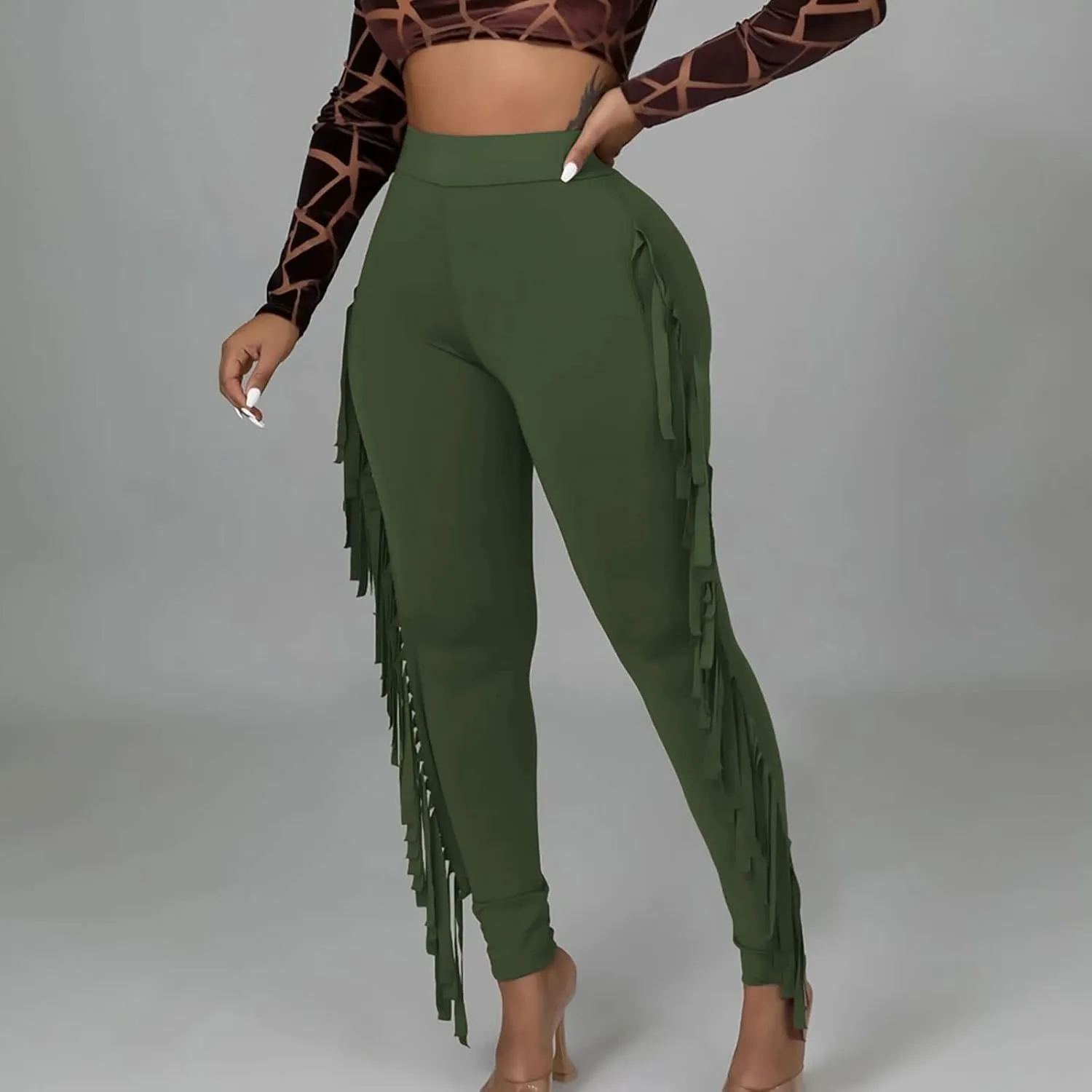 Firzero Women's Fringe Pants Casual High Waist Bodycon Side Tassel Pants Sexy Yoga Pants Long Lounge Jogger