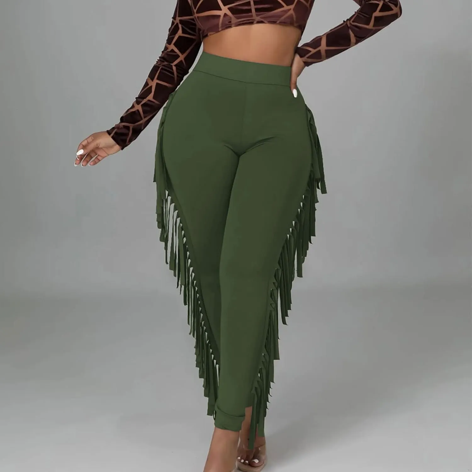 Firzero Women's Fringe Pants Casual High Waist Bodycon Side Tassel Pants Sexy Yoga Pants Long Lounge Jogger