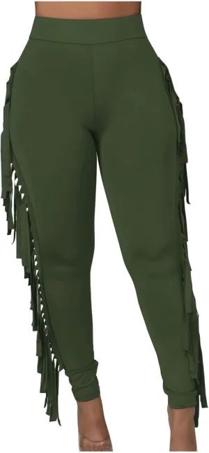 Firzero Women's Fringe Pants Casual High Waist Bodycon Side Tassel Pants Sexy Yoga Pants Long Lounge Jogger