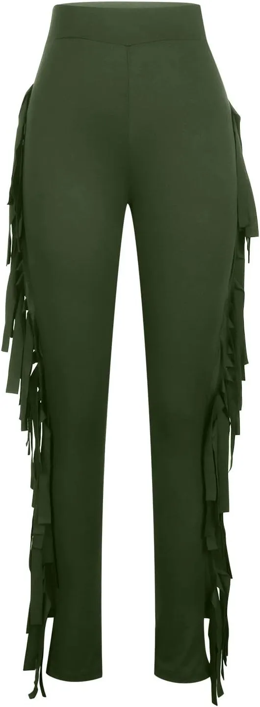 Firzero Women's Fringe Pants Casual High Waist Bodycon Side Tassel Pants Sexy Yoga Pants Long Lounge Jogger