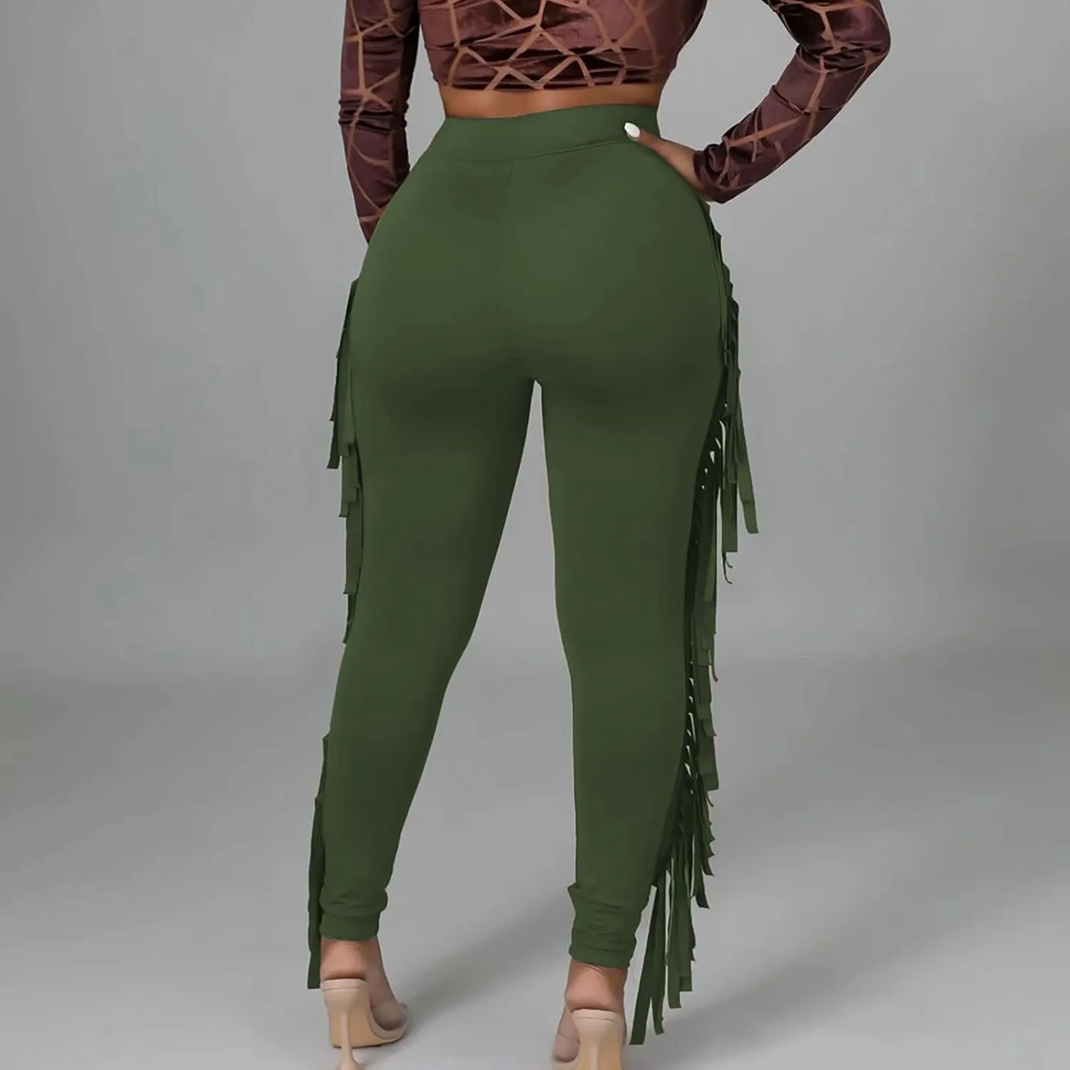Firzero Women's Fringe Pants Casual High Waist Bodycon Side Tassel Pants Sexy Yoga Pants Long Lounge Jogger