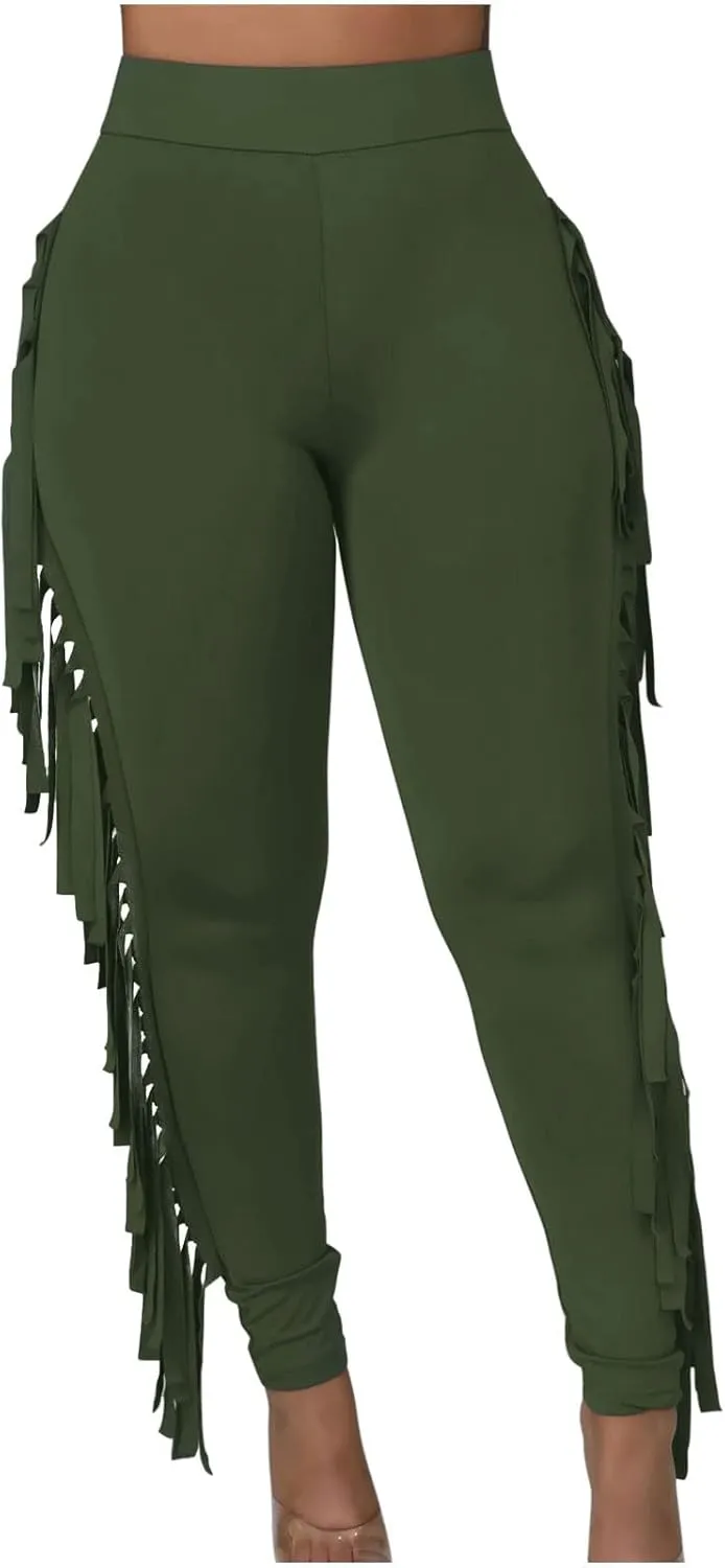 Firzero Women's Fringe Pants Casual High Waist Bodycon Side Tassel Pants Sexy Yoga Pants Long Lounge Jogger