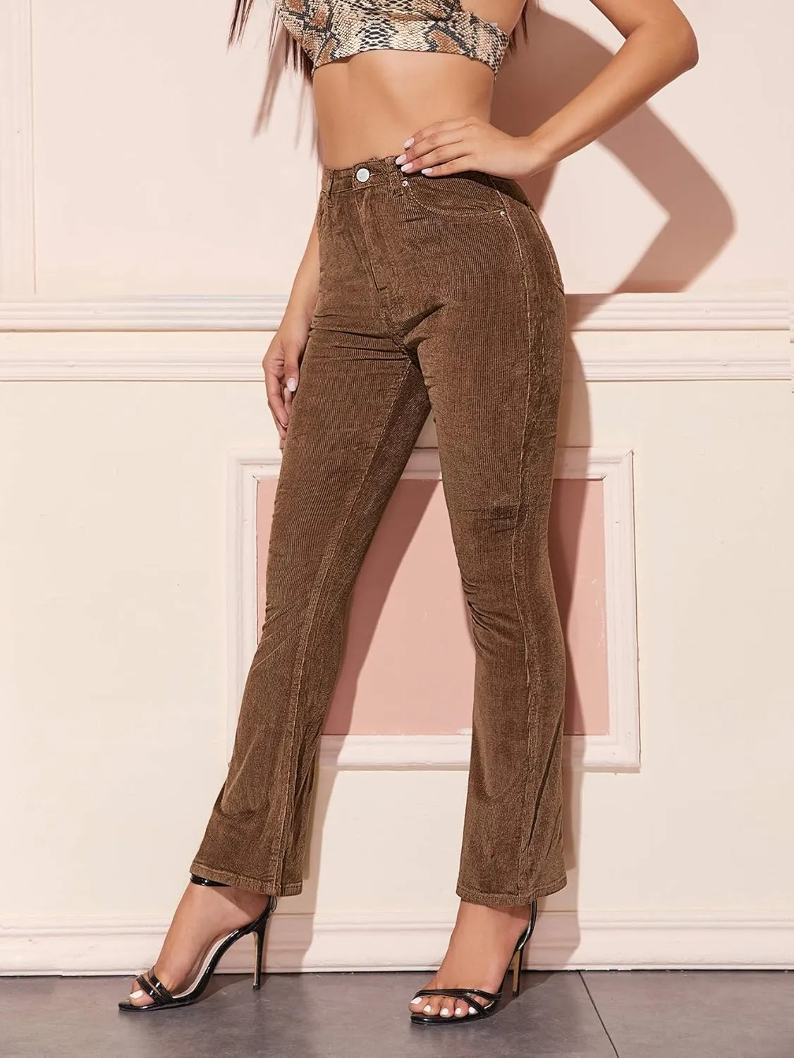 Floerns Women's Elegant High Waist Flare Leg Zipper Fly Corduroy Trouser Pants