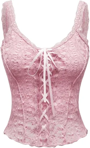 Floerns Women's Lace Up Slim Fit Lace Camisole Lettuce Trim Coquette Aesthetic Cami Tops
