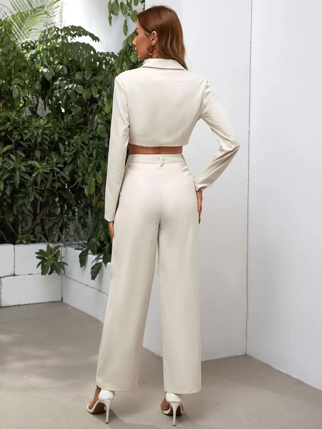 Floerns Women's Long Sleeve Button Down Crop Blazer with Pants Business Set