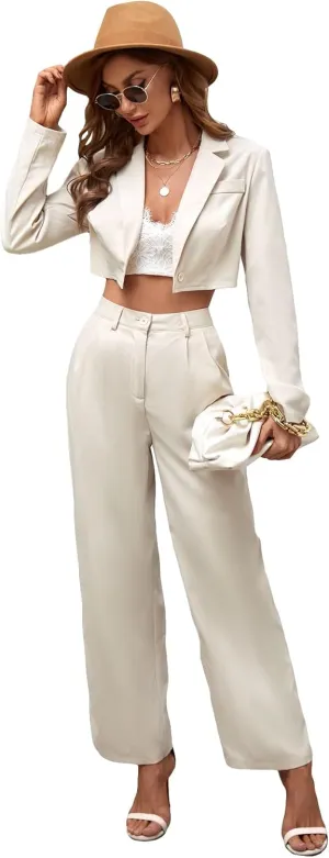 Floerns Women's Long Sleeve Button Down Crop Blazer with Pants Business Set