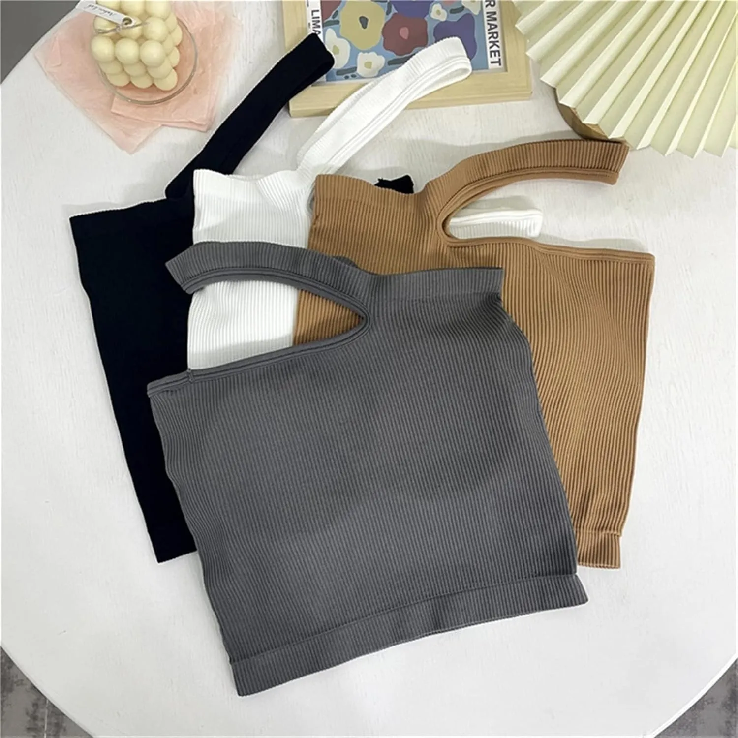 French Small Camisole Female Outer wear with Chest pad Beautiful Back Suit Hanging Neck Sloping Shoulder Crop Tank Top