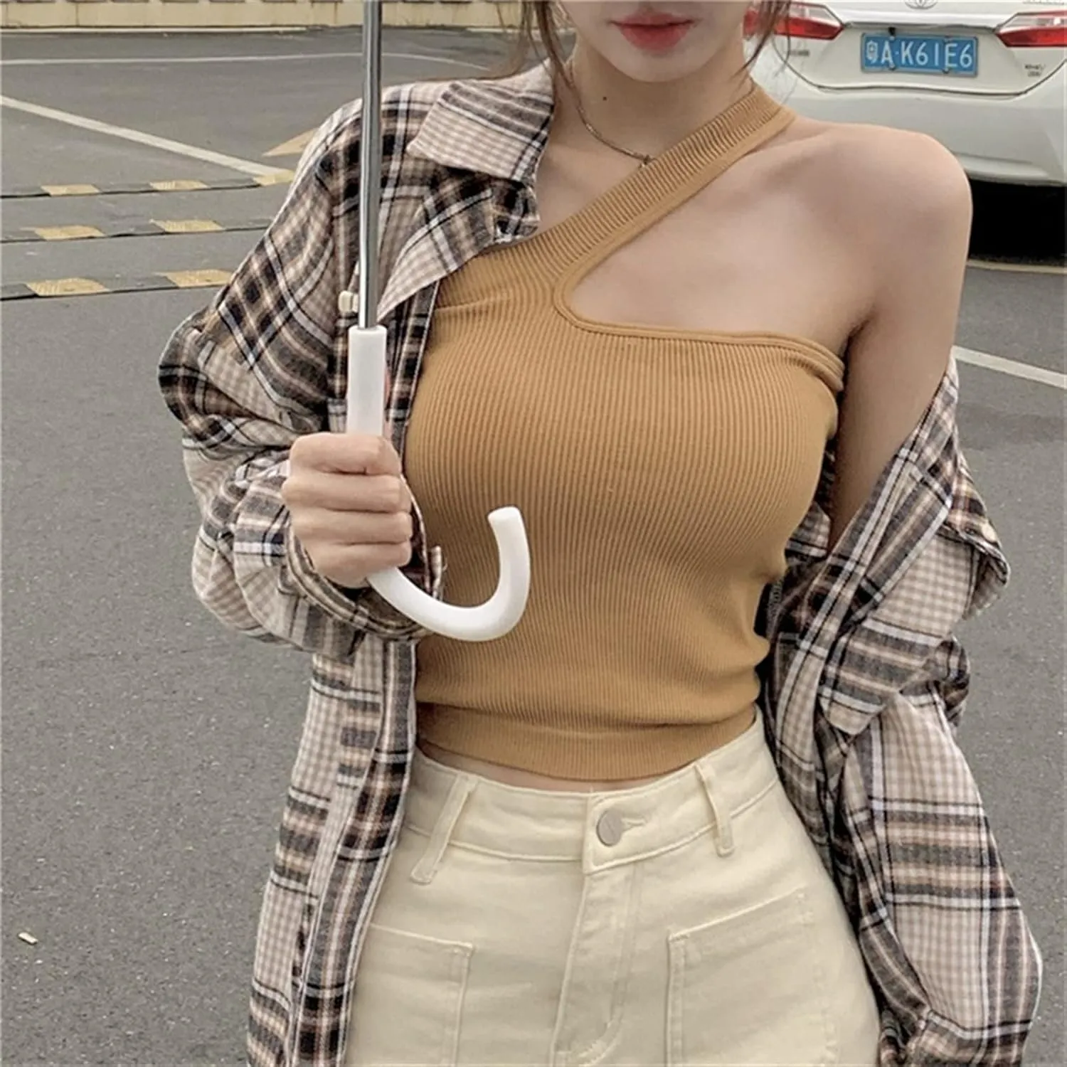 French Small Camisole Female Outer wear with Chest pad Beautiful Back Suit Hanging Neck Sloping Shoulder Crop Tank Top