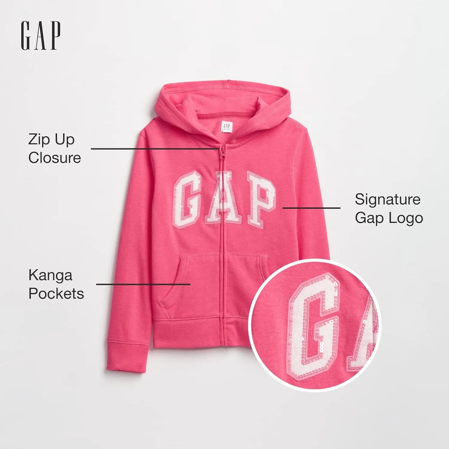 GAP Girls' Logo Hoodie Hooded Full Zip Sweatshirt