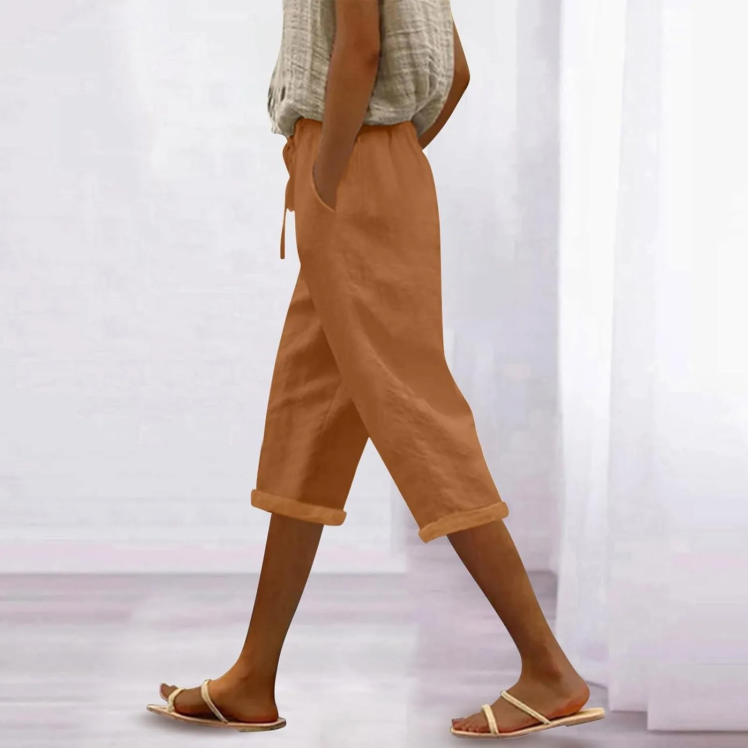 Gauze Beach Pants for Women Cotton Linen Elastic Seven Pants Beach Casual Loose Fit Drawstring Trousers with Pockets