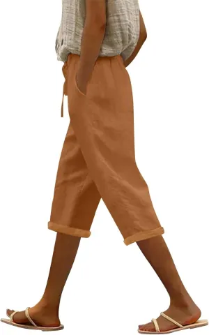 Gauze Beach Pants for Women Cotton Linen Elastic Seven Pants Beach Casual Loose Fit Drawstring Trousers with Pockets