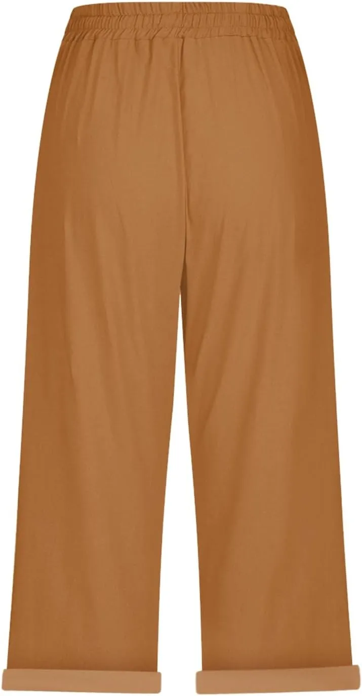 Gauze Beach Pants for Women Cotton Linen Elastic Seven Pants Beach Casual Loose Fit Drawstring Trousers with Pockets