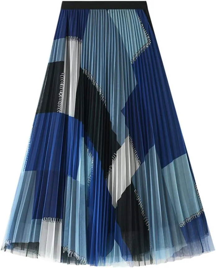 Geometric Print Skirt Women Purple Black Blue Long Midi Length Tulle Pleated Skirt