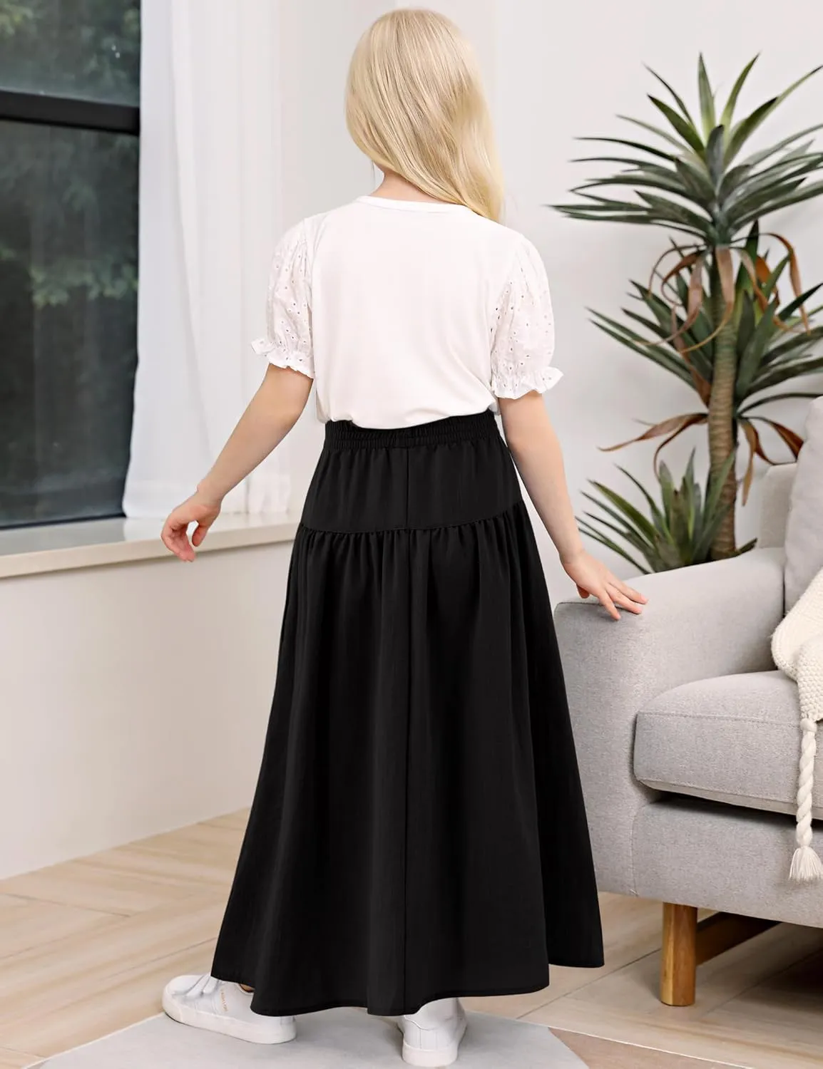 Girls Casual Elastic High Waist Maxi Skirt A-Line Long Swing Linen Skirt with Pockets for 4-13 Years