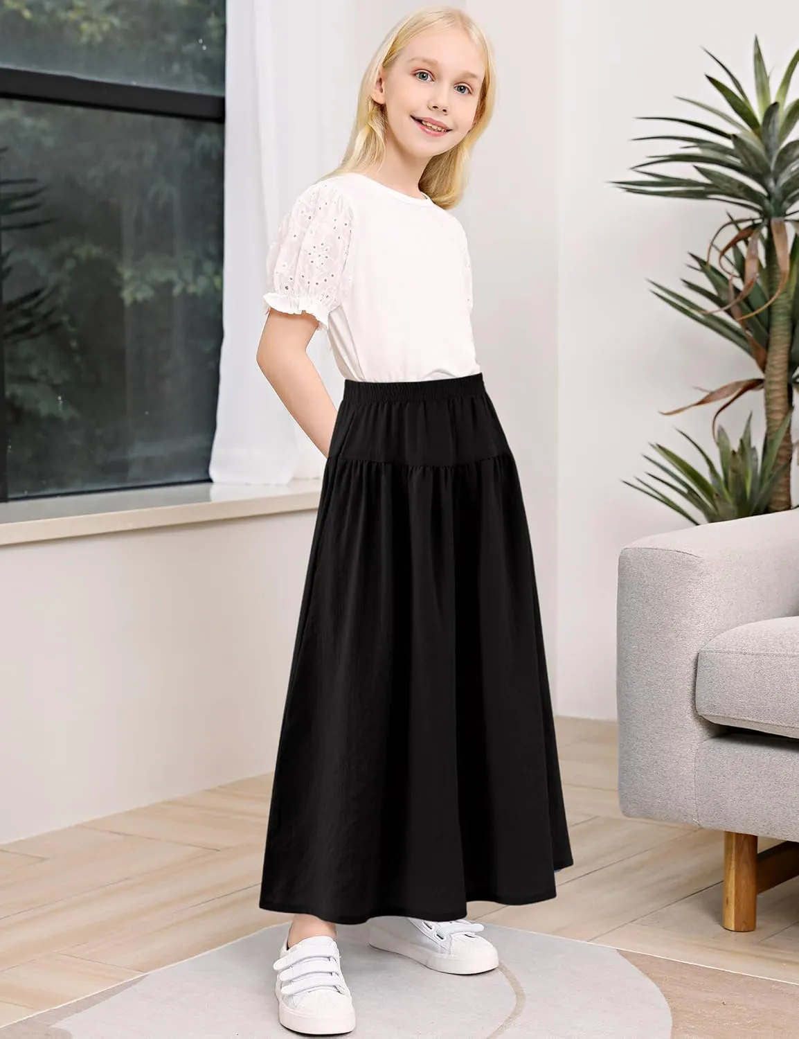 Girls Casual Elastic High Waist Maxi Skirt A-Line Long Swing Linen Skirt with Pockets for 4-13 Years
