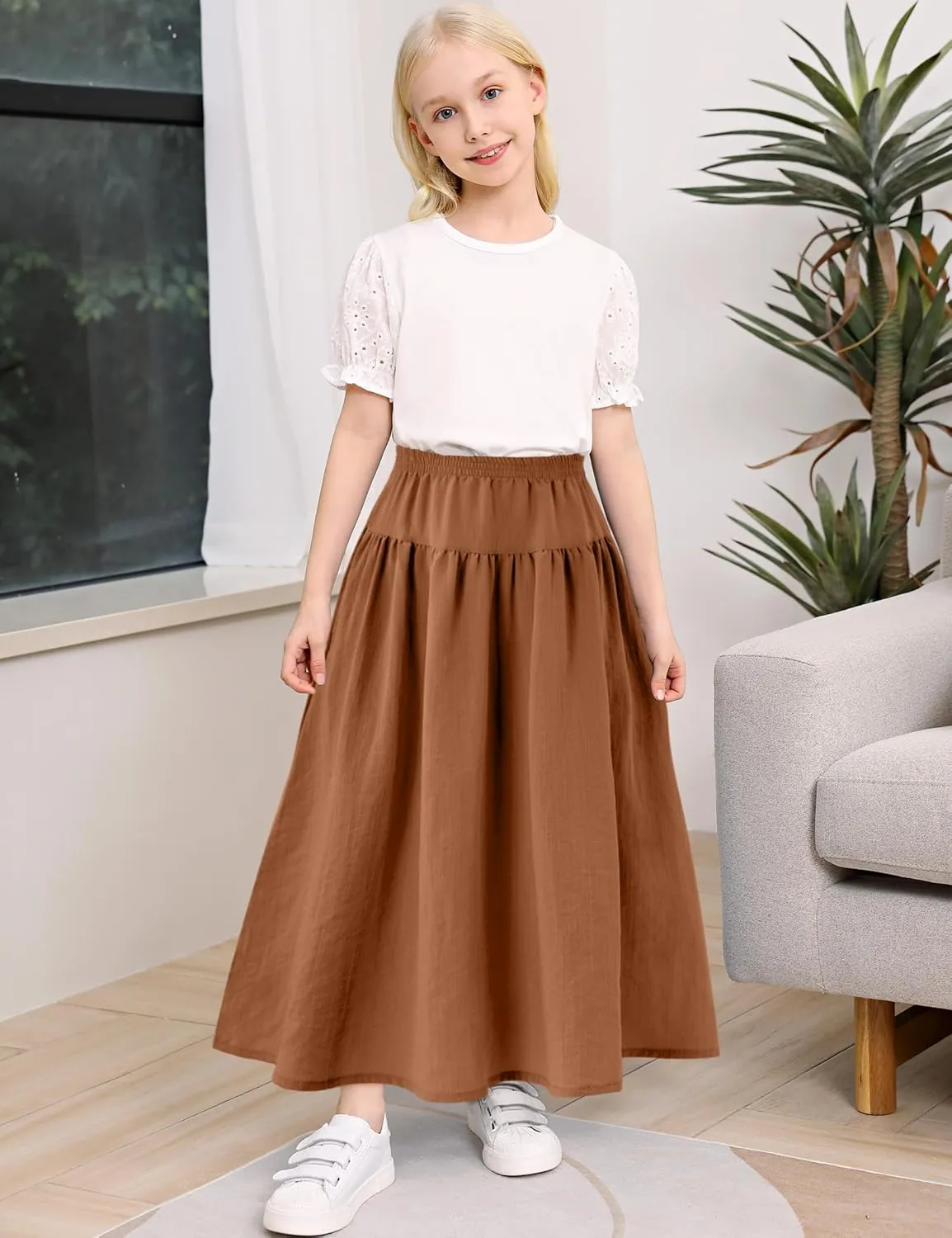Girls Casual Elastic High Waist Maxi Skirt A-Line Long Swing Linen Skirt with Pockets for 4-13 Years