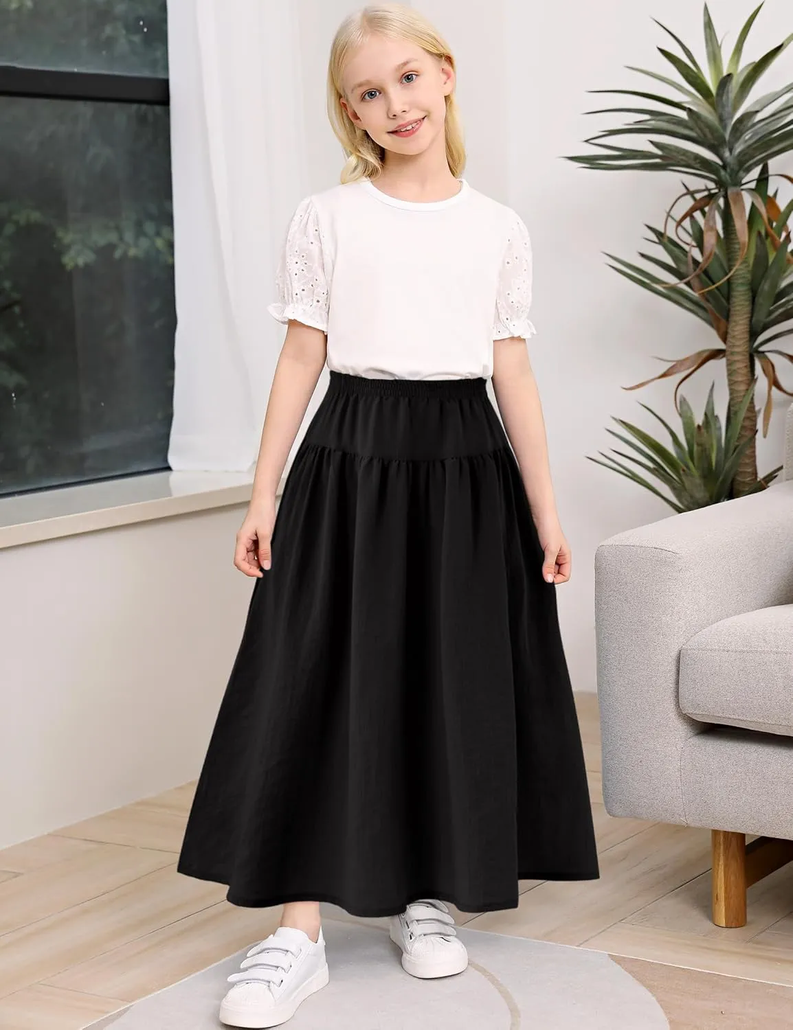 Girls Casual Elastic High Waist Maxi Skirt A-Line Long Swing Linen Skirt with Pockets for 4-13 Years