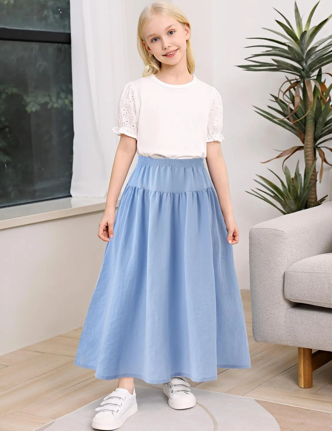 Girls Casual Elastic High Waist Maxi Skirt A-Line Long Swing Linen Skirt with Pockets for 4-13 Years
